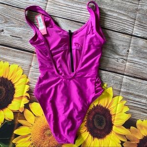 Target One piece swimsuit fuschia with black zipper hot pink xs 90s style